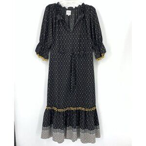 MISA LA Maxi Dress Black White Print Yellow Pom Trim V Neck Tassels Womens XS